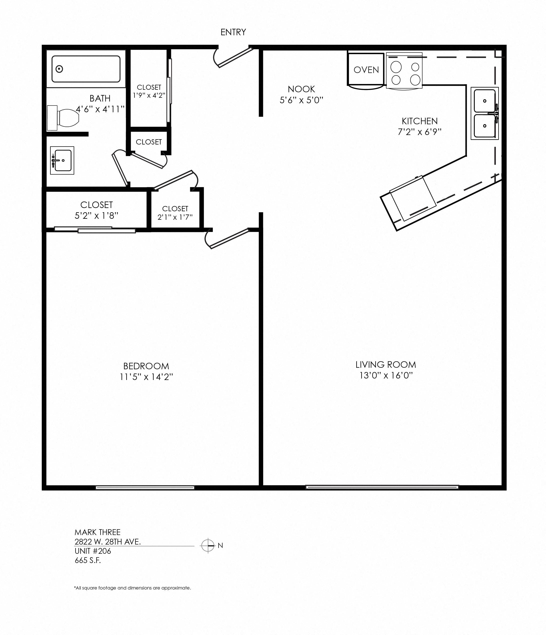 Floor plan for 1 bed, 1 bath, 720 sqft